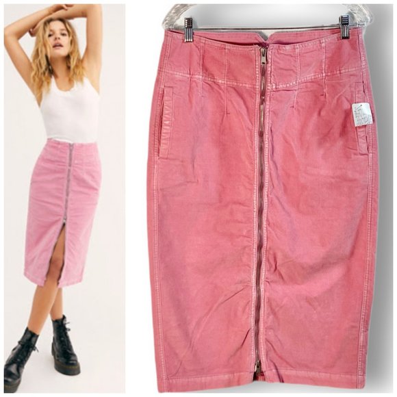 Free People Dresses & Skirts - Free People,  I Want It All Cord Midi Skirt, Lily Pink, Zipper Front, Pockets